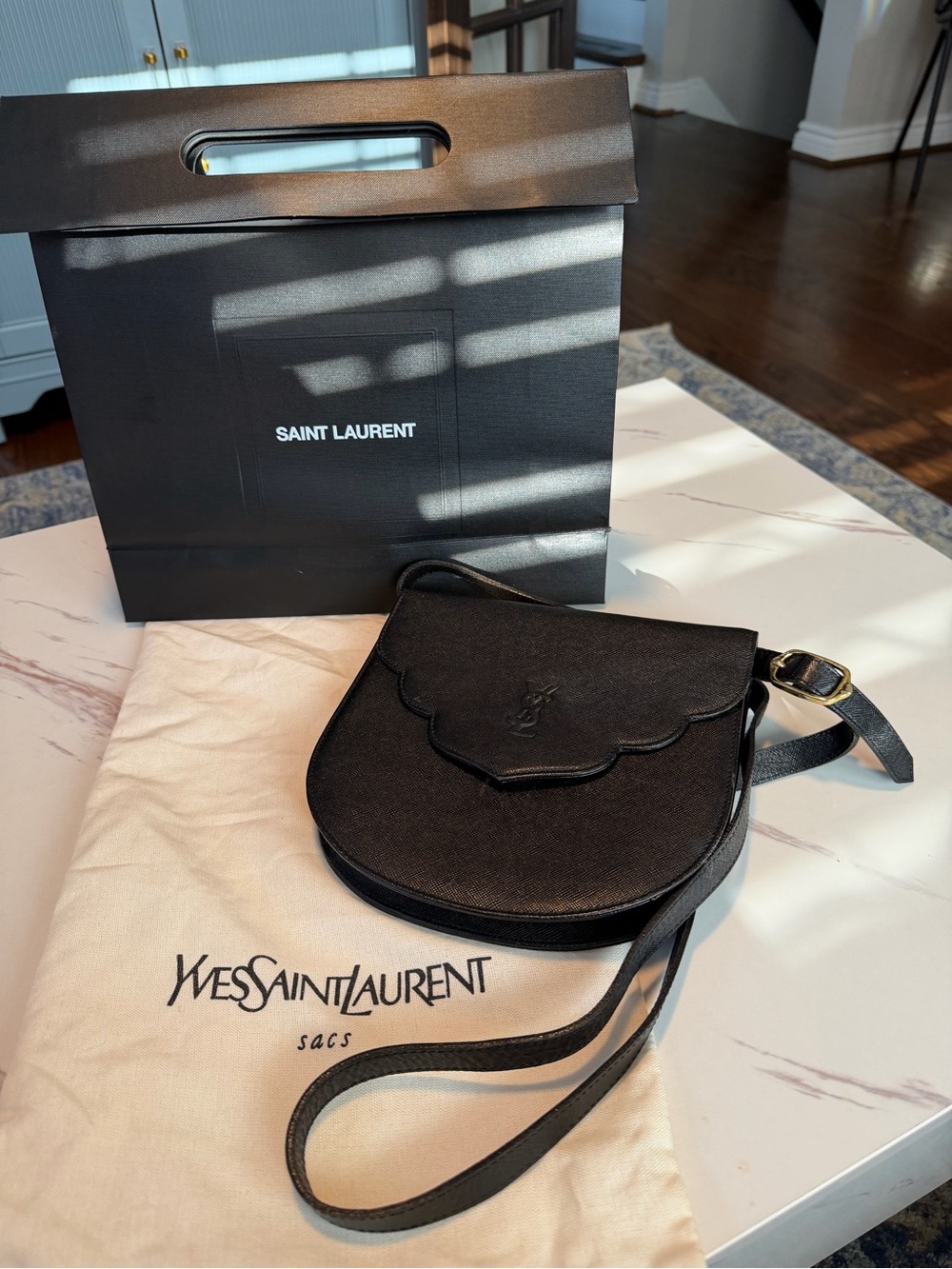 Yves Saint Laurent Black Scalloped Saddle Crossbody Bag. 100% authentic